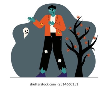 Zombies appear with a creepy appearance at night with wandering ghosts, spooky vector illustration.