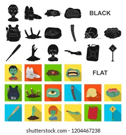 Zombies and Attributes flat icons in set collection for design. Dead man vector symbol stock web illustration.