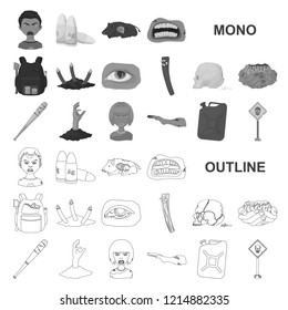 Zombies and Attributes monochrom icons in set collection for design. Dead man vector symbol stock web illustration.