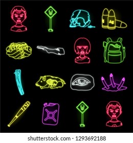 Zombies and Attributes neon icons in set collection for design. Dead man vector symbol stock web illustration.