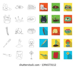 Zombies and Attributes outline,flat icons in set collection  design. Dead man vector symbol stock web illustration.