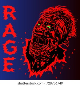 Zombies with broken red face looking up and screaming with his mouth open. Vector illustration on blue background. Freehand digital drawing concept. Genre of horror.