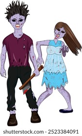 Zumbis personagens andando com um machado, zumbi assustador