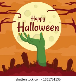 Zombies Come Out on Halloween Night. Zombie’s hands come out on full moon night during Halloween October month. Graveyard at night during Halloween when the zombie’s hands come out.