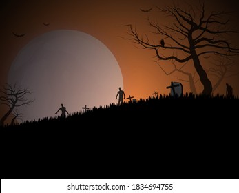 Zombies in a graveyard, on a hill and a big moon.