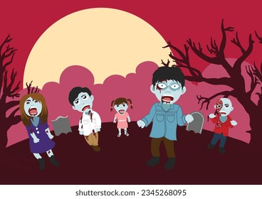 Zombies in Graveyard, Vector Illustration
