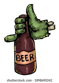 the zombie's hand is holding a beer bottle