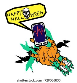 zombies hand holding smart-phone blank screen up from the grave in the cemetery at night. This illustration is Halloween theme