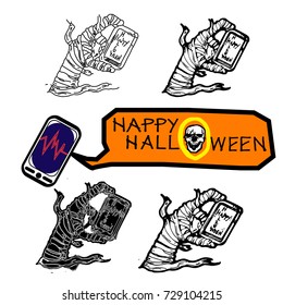zombies hand holding smart-phone blank screen up from the grave in the cemetery at night. This illustration is Halloween theme