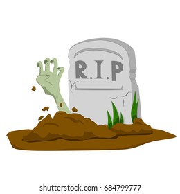 Zombie's hand rising from grave on white background - cartoon vector illustration