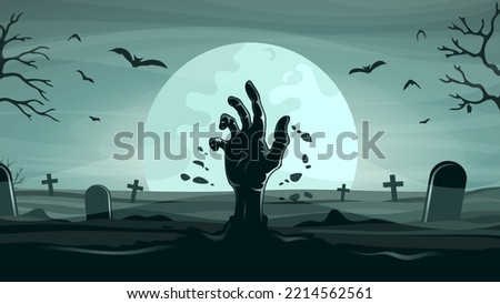 The zombie's hand sticks out of the grave against the background of the night cemetery. Vector.