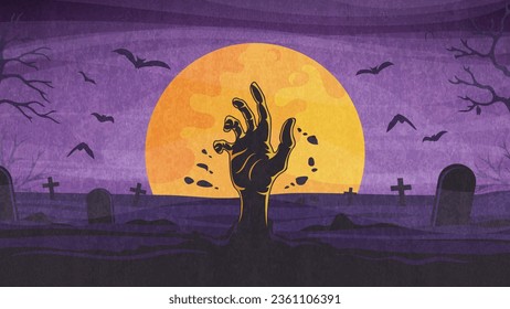A zombie's hand sticks out of the ground in a cemetery with bats on the background of the moon. Cartoon scary Halloween landscape.