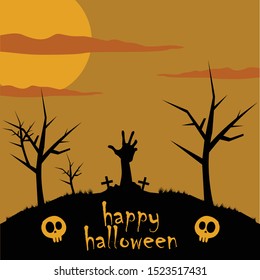 Zombies hands come out of the ground under scary gnarl trees on the hill under full moon. Vector illustration of Halloween background. Editable vector image