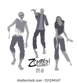 Zombies invasion. Three zombie characters walking forward. Halloween design elements isolated on white background