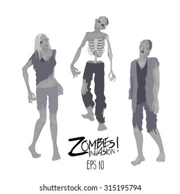 Zombies invasion. Three zombie characters walking forward. Halloween design elements isolated on white background