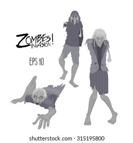 Zombies invasion. Three zombie characters walking forward. Halloween design elements isolated on white background