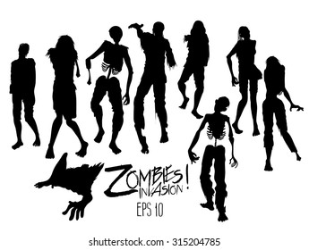 Zombies invasion. Zombie silhouettes walking forward. Halloween design elements isolated on white background
