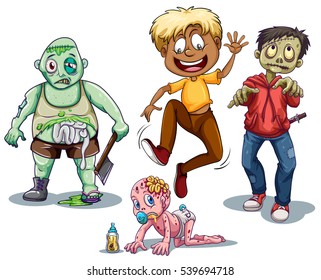 Zombies and man running away from them illustration