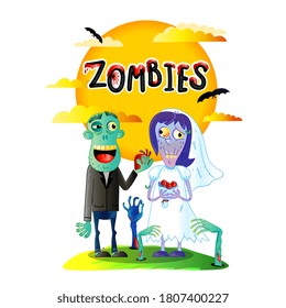 Matrimonio de zombies. Romántica y espeluznante pareja monstruo con traje de novia en el cementerio. Fiesta zombie de Halloween y ceremonia de matrimonio. Un monstruo inmorado y espeluznante siempre ama. Ilustración del vector de boda de horror