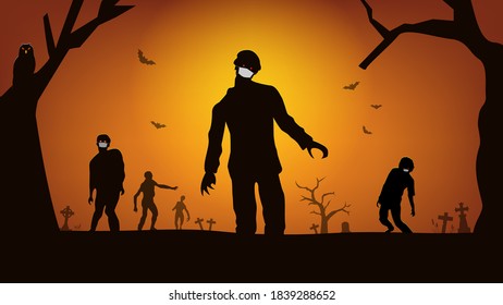 Zombies with medical mask to protect Covid-19 walking out from grave. Silhouettes illustration flat vector for Halloween decorations.