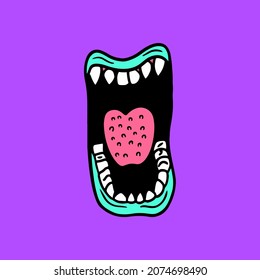 Zombie's Mouth with Tosca Lips Symbol Icon Design. Social Media Post. Flat Vector Illustration on Purple Background.