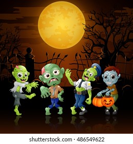 Zombies party cartoon Halloween costumes in graveyard.Vector illustration