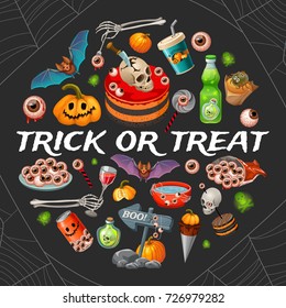 Zombies party poster with cartoon sweet food for halloween.