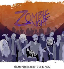 Zombies party. Zombie crowd walking forward with huge orange moon on background.  Halloween night design