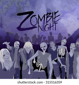 Zombies party. Zombie crowd walking forward with huge violet moon on background.  Halloween night design