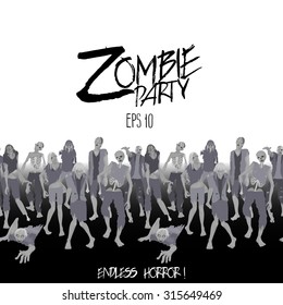 Zombies party. Zombie crowd walking forward. Halloween endless border