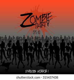 Zombies party. Zombie silhouettes crowd walking forward. Endless character line. Halloween design