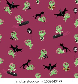 Zombies playing, funny halloween scene, on deep pink background. Vector seamless pattern.