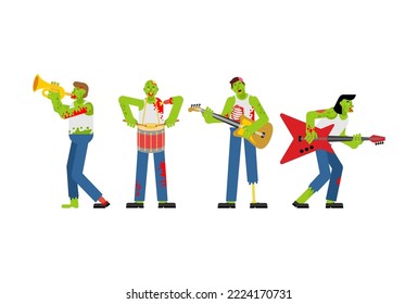 Zombies rock band. Zombie and guitar. walking dead and drum. zombi and trumpet