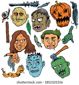 Zombies  and scary faces set cartoon