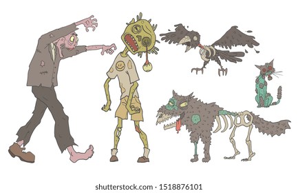 Zombies Set, Decaying Undead People and Animals, Zombie Apocalypse Vector Illustration