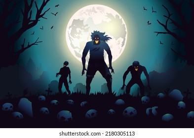 Zombies standing in the graveyard with gravestones and many skulls on the floor. Full moon blue sky and dead tree background.