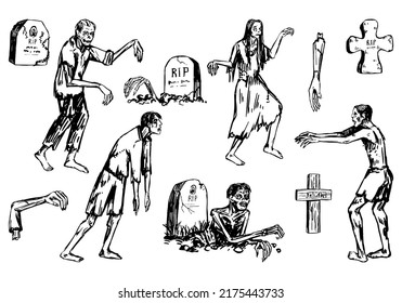 Zombies And Tombstones Set, Walking Dead People, Crawling Out Of Graves. Halloween Hand Drawn Vector Illustration In Retro Style. Scary Monsters Sketches Collection Isolated On White.