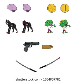 Zombies video games illustration pixels. Pack video game characters and items.