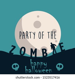 Zombies walk on the empty yard with bushes on the hill under full moon. Vector illustration of Halloween background. Editable vector image