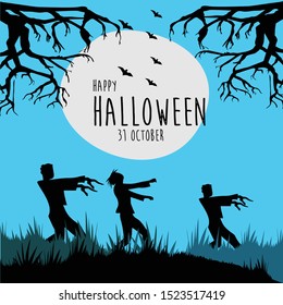 Zombies walk on the empty yard with bushes and scary gnarl trees on the hill under full moon. Vector illustration of Halloween background. Editable vector image