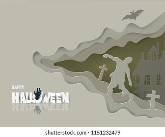 Zombies walk out of the gray grave in HALLOWEEN night,paper craft  and illustration.