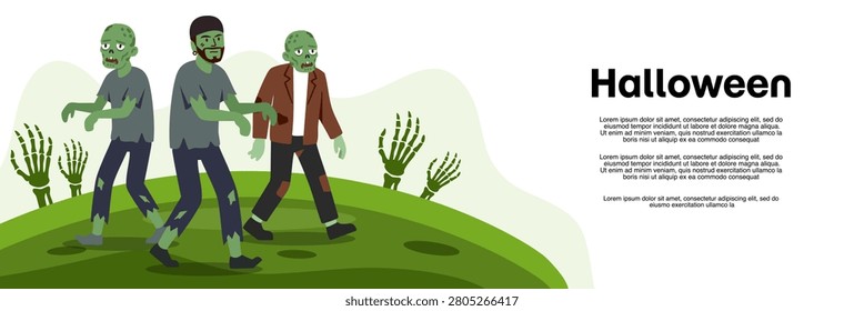 Zombies walk slowly across grassy field reaching hands upward