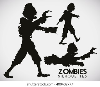 Zombies walking, crawling and surrounding looking for victims, silhouettes isolated in white background.