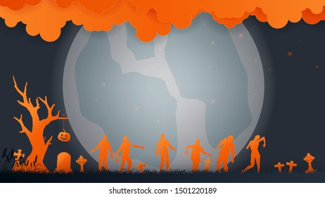 Zombies walking in Halloween night with full moon background