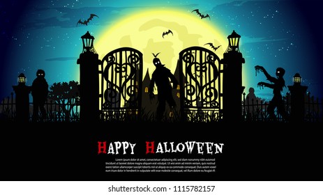 Zombies walking on Halloween night.Halloween background from vector