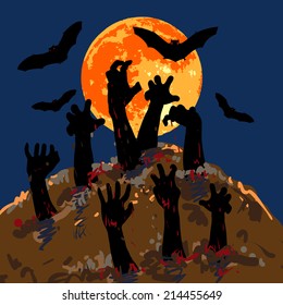 Zombies's hands emerge from grave with background of full moon and flying bat. Halloween concept
