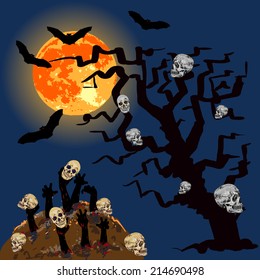 Zombies's hands emerge from grave with skull under full moon. Halloween concept