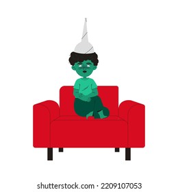 Zombified Little Boy in Tin Foil Hat Sitting on Red Armchair as Manipulation and Hypnosis Vector Illustration