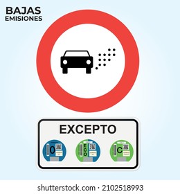 "Zona de Bajas Emisiones" Means "Low Emission Zone". Are Areas in the downtown in which you can not enter with your car. Low pollution areas, city traffic sign. "Excepto" means "except".