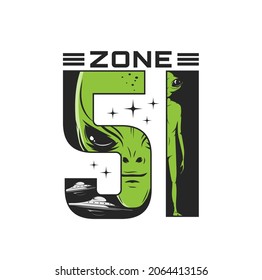 Zone 51, alien and UFO icon with green humanoid being, extraterrestrial creature with big eyes, flying saucer or disc starship, galaxy stars. Alien monsters, space invaders vector emblem